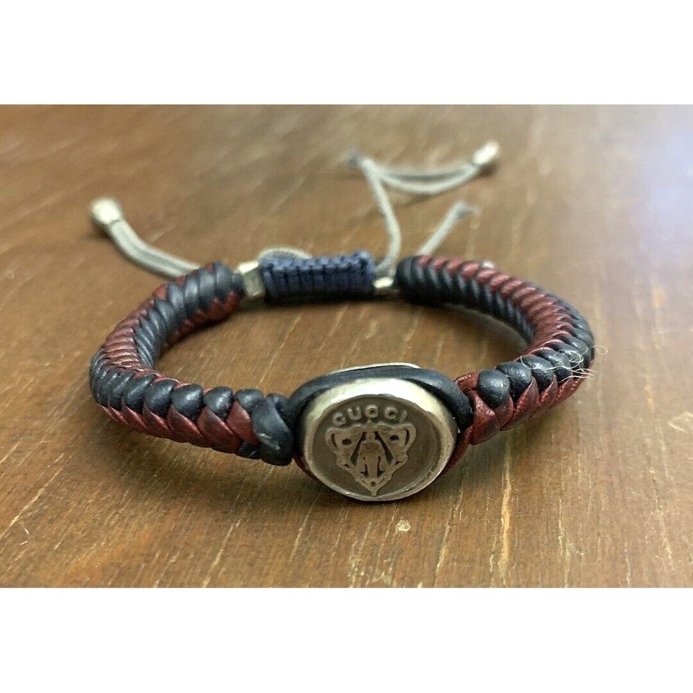 Gucci Bracelet Mens Braided Leather Vintage Sterling Silver Red Blue Crest FLAW